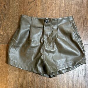 Anthropologie Faux Leather Olive Green Shorts